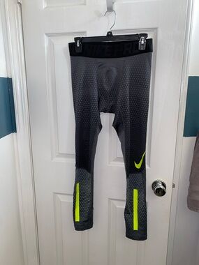 Nike Grey Gradient Compression Leggings with Neon Yellow Swoosh